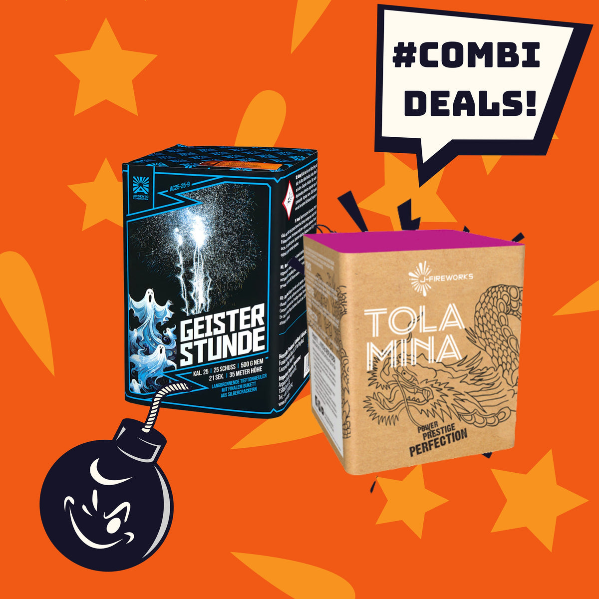 Zwei leuchtende Schachteln mit der Aufschrift "Argento Geisterstunde" und "J-Fireworks Tola Mina" von COMBI-DEALS 💣 sind auf einem orangefarbenen Hintergrund mit gelben Sternen, einer Cartoon-Bombe und einer Sprechblase "#COMBIDEAL 💣" zu sehen.