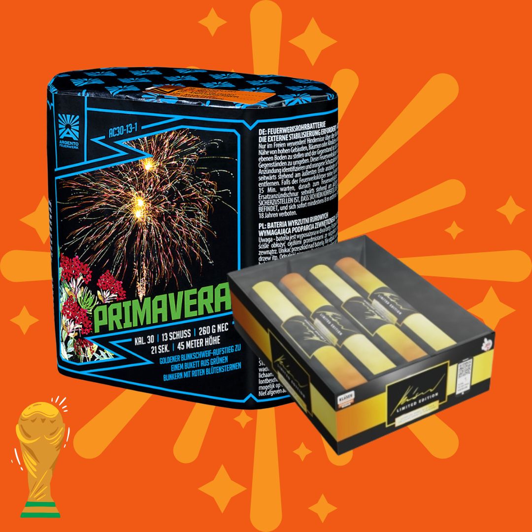 Die COMBI-DEALS 💣 Kombi Primavera + Signature Range Single Shots 30 mm werden nebeneinander auf orangefarbenem Hintergrund mit Sternenblitzen dargestellt, unten links befindet sich ein kleines Symbol der Weltmeisterschaftstrophäe.