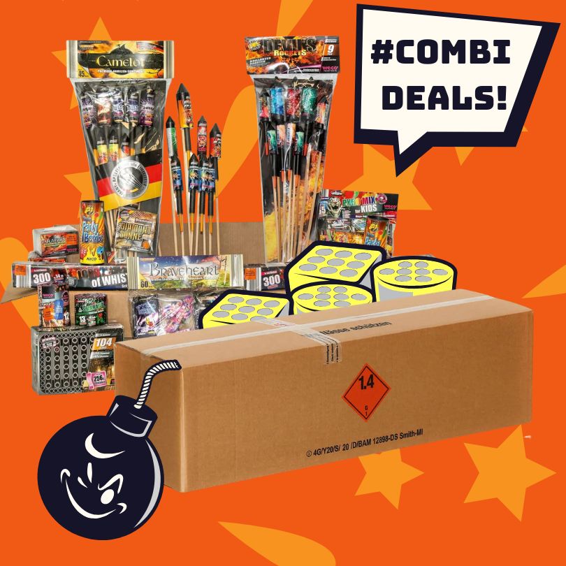 Eine große Schachtel mit einem Gefahrensymbol für Feuerwerkskörper steht vor verschiedenen Böllern und Raketen, auf denen das Weco #COMBIDEAL 💣 Überraschungspaket XL Original + XXL mit "#COMBI DEALS!" in einer Comic-Sprechblase auf einem orangefarbenen Sternenhintergrund abgebildet ist.