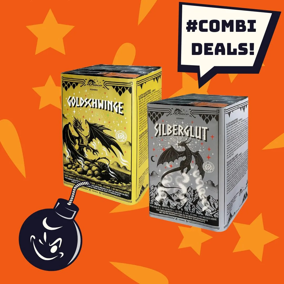 Zwei illustrierte Boxen mit Drachenkunst, "Goldschwinge" (gelb) und "Silberglut" (grau), stehen auf einem orangefarbenen Sternenhintergrund. Auf einem Platzer steht "#COMBI DEALS!" mit einem Bombensymbol. Produkt: Startrade #COMBIDEAL 💣 Dracos Tieftonheuler 50 Schuss.