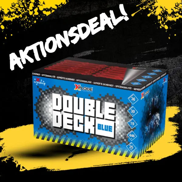 Eine 36-schüssige FEUERWERK OUTLET "#DEAL: Double Deck Blue Xplode"-Feuerwerksbatterie ist vor einem schwarz-gelben Splatter-Hintergrund abgebildet, darüber der fette weiße Text "AKTIONSDEAL!".