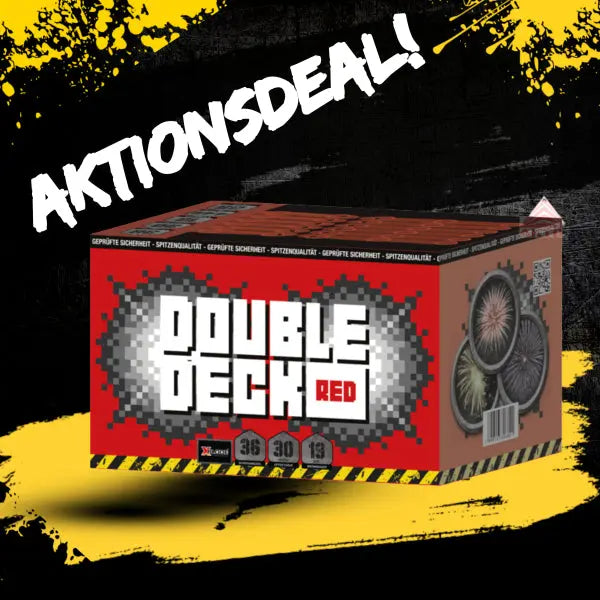 Eine rote FEUERWERK OUTLET Feuerwerksbatterie-Box mit der Aufschrift "#DEAL: Double Deck Red Xplode" mit 36 Schuss und Feuerwerksbildern. Darüber erscheint "AKTIONSDEAL!" in fetter weißer Schrift auf einem schwarz-gelben Grunge-Hintergrund.
