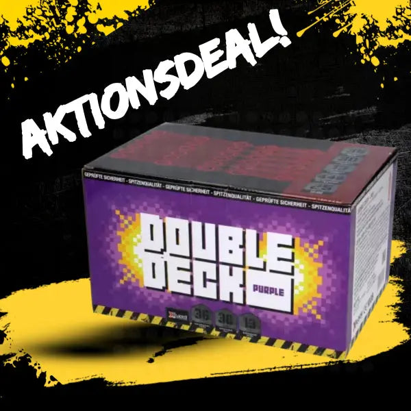 Eine lilafarbene Schachtel mit der Aufschrift "#DEAL: Double Deck Purple Xplode" von FEUERWERK OUTLET steht auf einem schmuddeligen gelb-schwarzen Hintergrund, darüber ein fetter weißer Graffiti-Text mit der Aufschrift "AKTIONSDEAL! 36 Schuss.