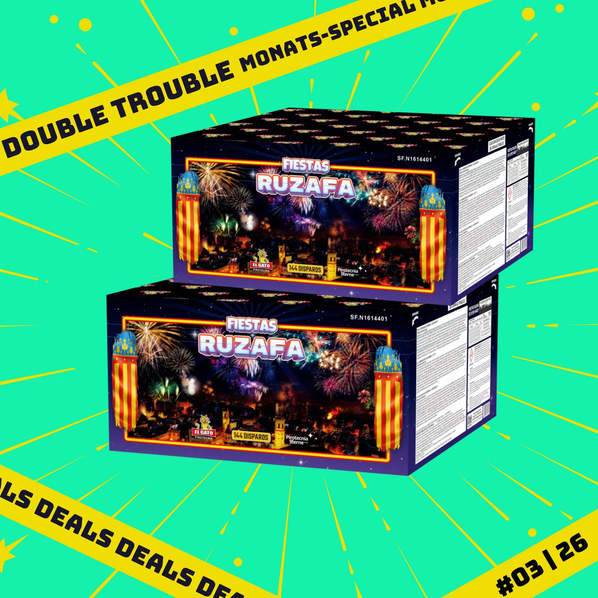 Zwei Schachteln "Kombi El Gato Ruzafa 90sec" von MONATS-SPECIALS 🎯 stehen vor einem leuchtend grünen Hintergrund mit gelben Sprenkeln. Auf einem gelben Banner mit schwarzem Text steht "DOUBLE TROUBLE MONATS-SPECIAL DEALS Kombi-Special.