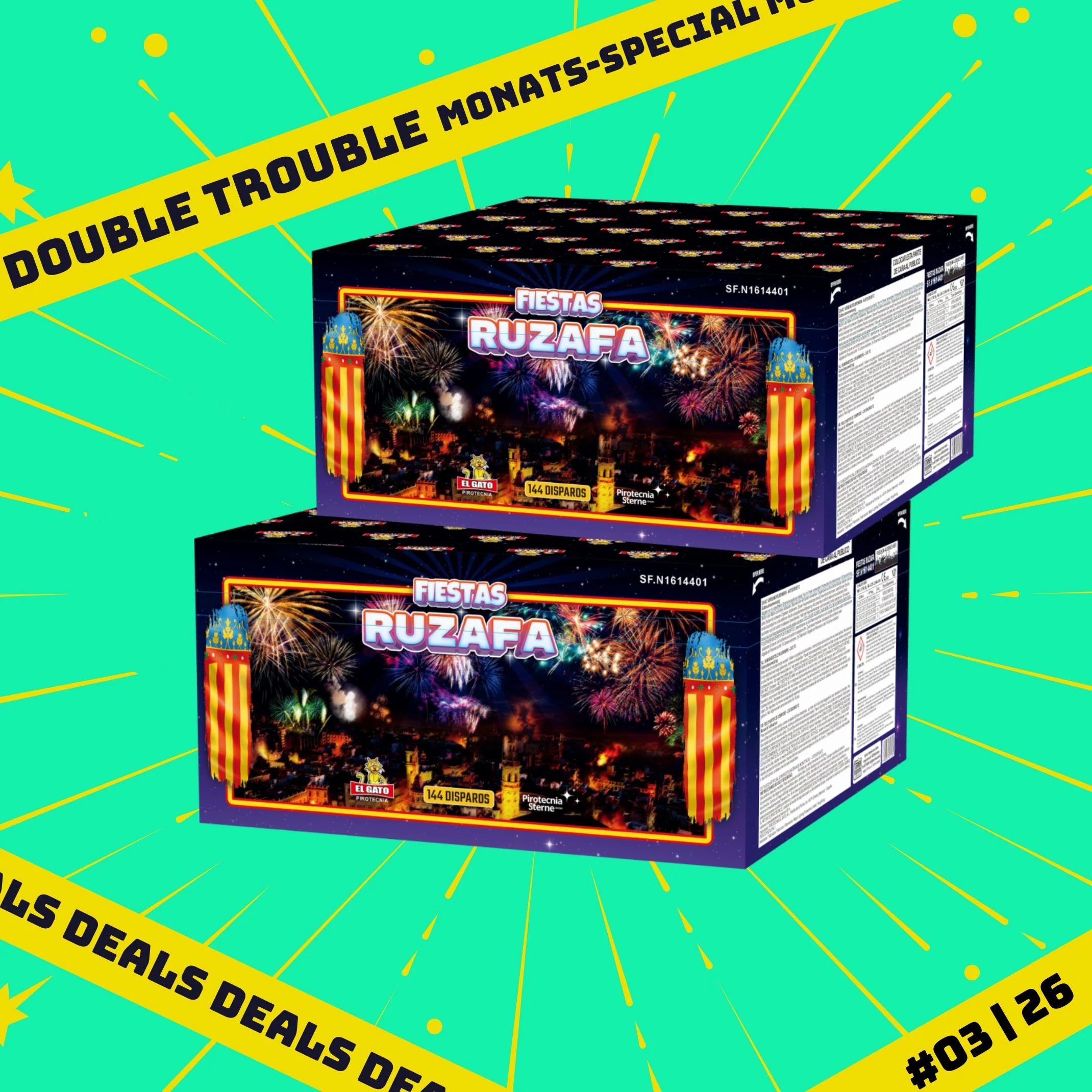 Zwei Schachteln "Kombi El Gato Ruzafa 90sec" von MONATS-SPECIALS 🎯 stehen vor einem leuchtend grünen Hintergrund mit gelben Sprenkeln. Auf einem gelben Banner mit schwarzem Text steht "DOUBLE TROUBLE MONATS-SPECIAL DEALS Kombi-Special.