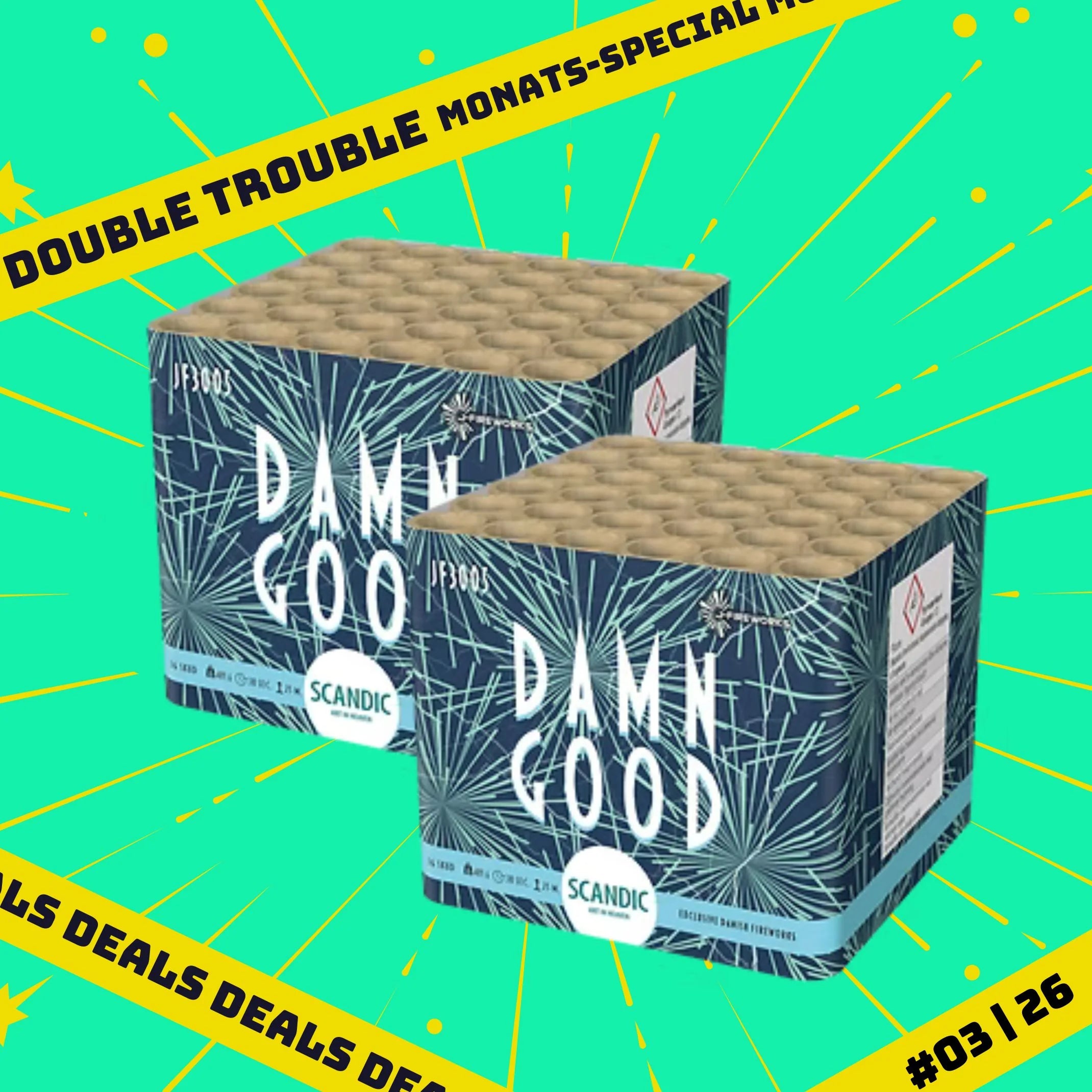 Zwei Schachteln "Kombi Scandic Damn Good" von MONATS-SPECIALS 🎯 sind auf einem leuchtend blaugrünen Hintergrund mit gelben Sternchen abgebildet. Auf dem gelben Band steht "DOUBLE TROUBLE KOMBI-SPECIAL" und "DEALS DEALS DEALS #03126".