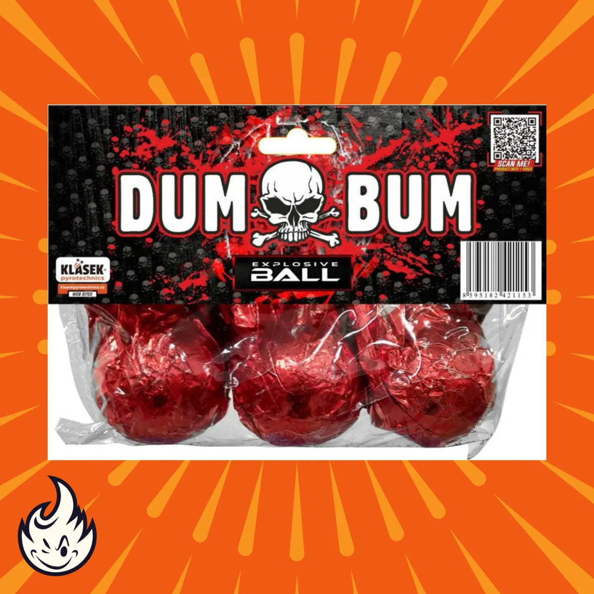 Drei rote Dumbum Explosive Ball 15 von Dumbum, in einer Plastikverpackung mit einem Totenkopf auf dem Etikett, auf einem orangefarbenen Hintergrund mit einem Flammensymbol in der Ecke.