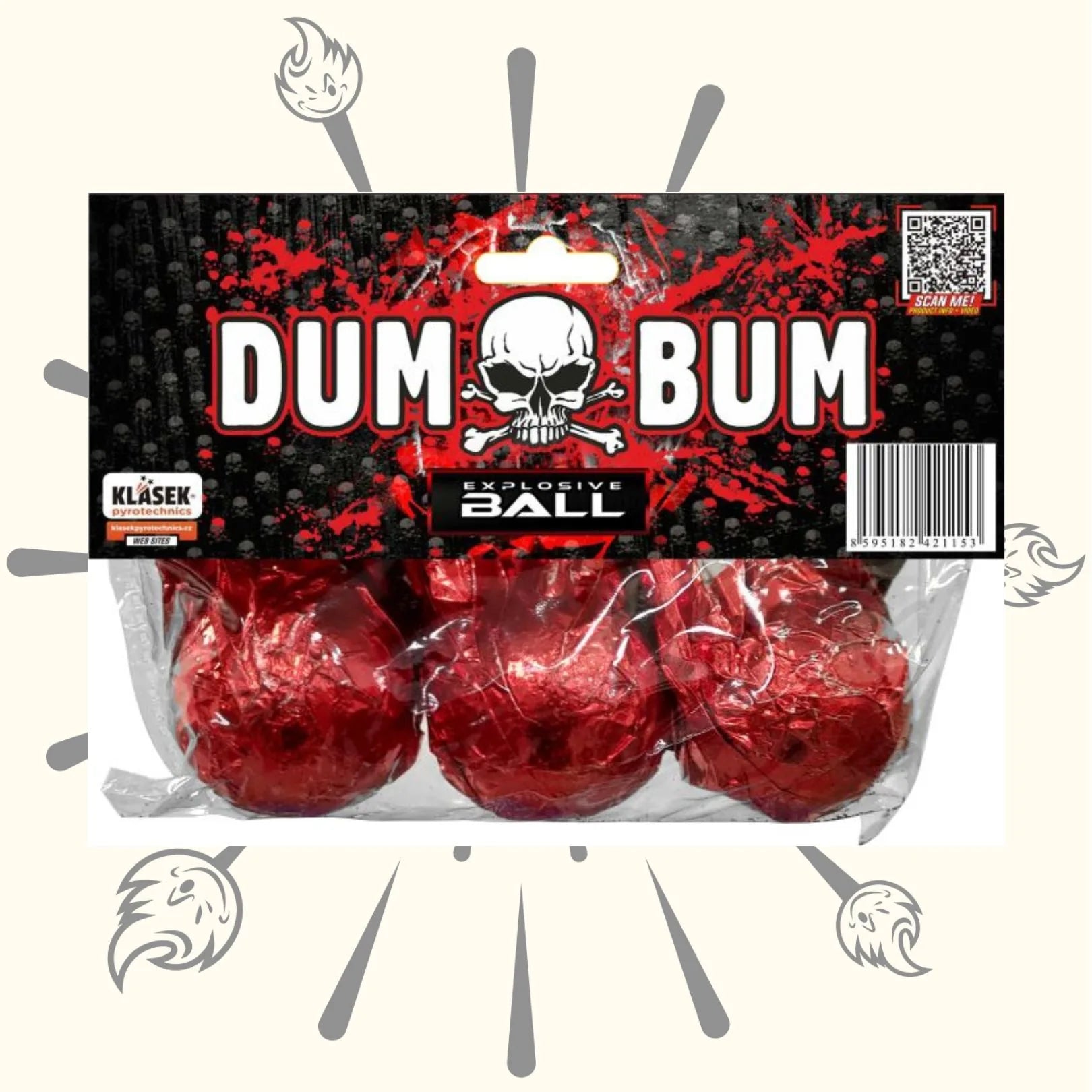 Eine Verpackung mit der Aufschrift "Dumbum Explosive Ball 15" von Dumbum zeigt drei in rote Folie eingewickelte kugelförmige Feuerwerkskörper. Die schwarze Verpackung zeigt eine Totenkopfgrafik mit auffälligen roten und weißen Schriftzügen.