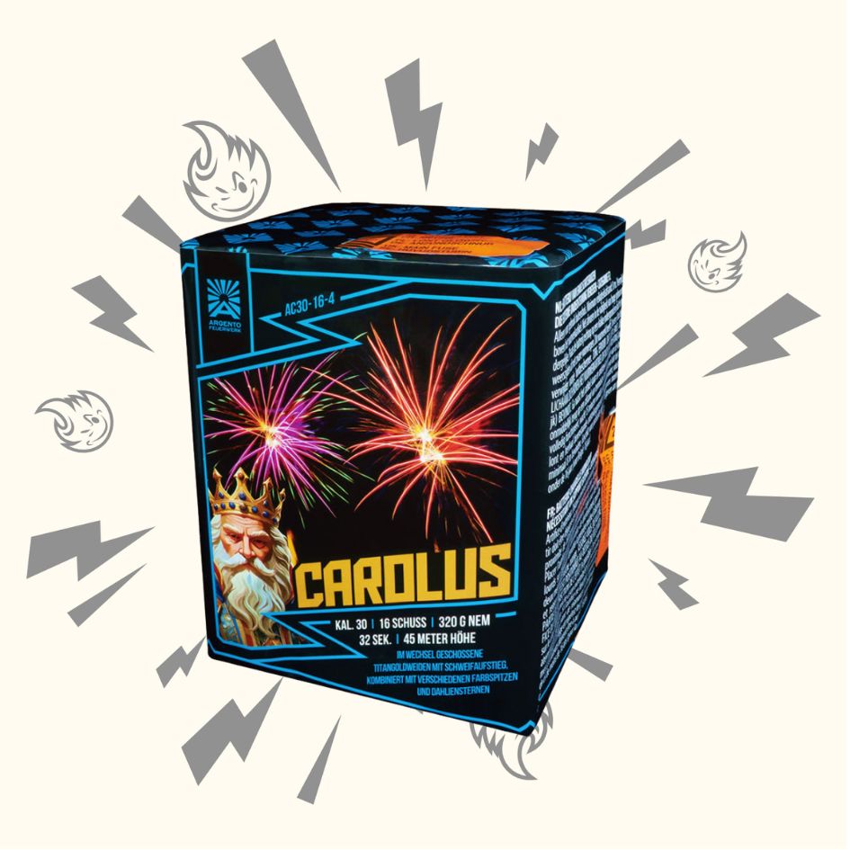 Eine Schachtel mit Argento Carolus 16sh Feuerwerkskörpern von Argento, mit bunten Explosionen und einem illustrierten gekrönten König auf der Verpackung mit Cartoon-Explosionen vor einem Lichthintergrund.