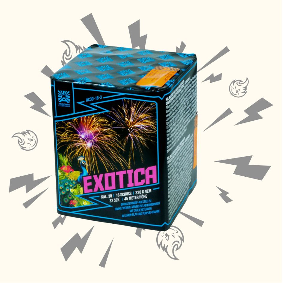 Eine farbenfrohe Schachtel mit der Aufschrift "Argento Exotica Feuerwerksbatterie 16sh" von Argento zeigt Pfauen- und Feuerwerksbilder vor einem hellen Hintergrund mit illustrierten Feuerwerkskörpern und Blitzen.