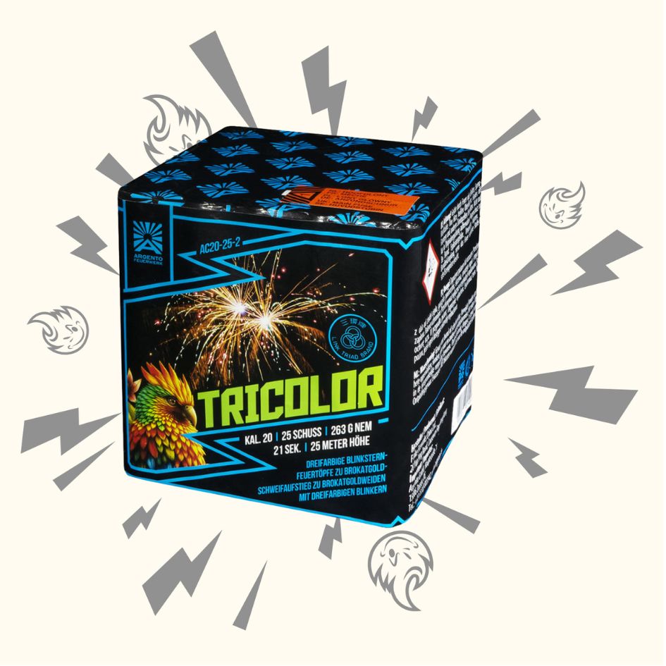 Eine Schachtel Argento Tricolor Feuerwerksbatterie 25sh von Argento hat eine schwarze Verpackung mit blauen Akzenten, Sicherheitsinformationen und einem bunten Explosionsbild. Cartoon-Flammen und Blitze schmücken den hellen Hintergrund.