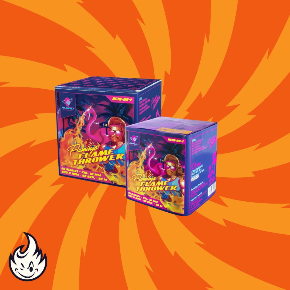 Zwei leuchtende Schachteln mit der Aufschrift "Albert Flamingo Flamethrower" von Albert, die ein feuriges Design aufweisen, werden vor einem orangefarbenen Hintergrund mit wirbelnden Flammen dargestellt. Ein kleines Flammensymbol erscheint in der unteren linken Ecke.