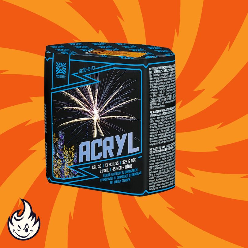 Eine Schachtel mit Argento Acryl von Argento, die ein Feuerwerk mit Palmenweiden-Motiv auf orangefarbenem Hintergrund mit wirbelnden gelben Mustern und einem kleinen Flammensymbol zeigt und das 30-mm-Kaliber hervorhebt.