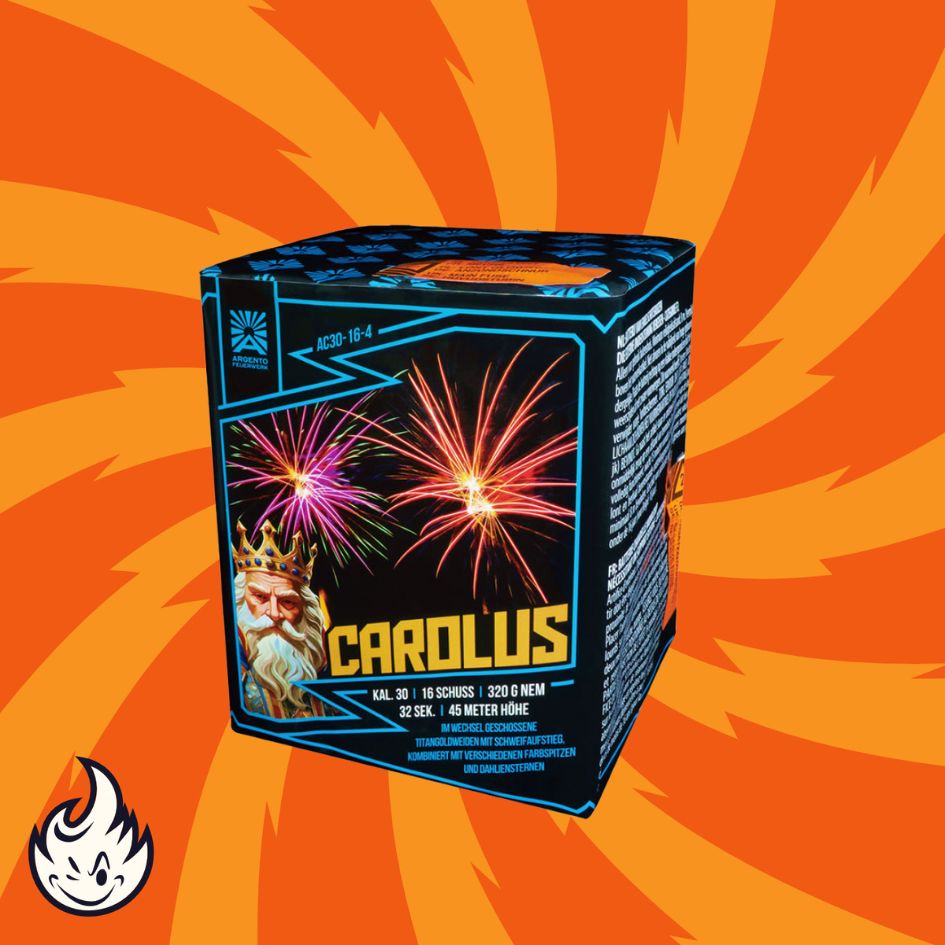 Die leuchtende Argento Carolus 16sh Feuerwerksdose von Argento zeigt einen gekrönten König und ein explodierendes Feuerwerk auf einem orangefarbenen, wirbelnden Hintergrund mit einem Flammenlogo in der Ecke.