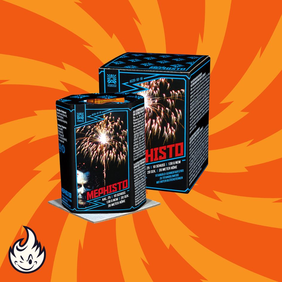 Zwei Schachteln Argento Mephisto von Argento mit leuchtenden, an ein Feuerwerk erinnernden Etiketten sind auf einem orangefarbenen Hintergrund mit wirbelnden Mustern abgebildet. Ein Cartoon-Flammenlogo in der Ecke unterstreicht die brillanten Lichteffekte des Produkts.