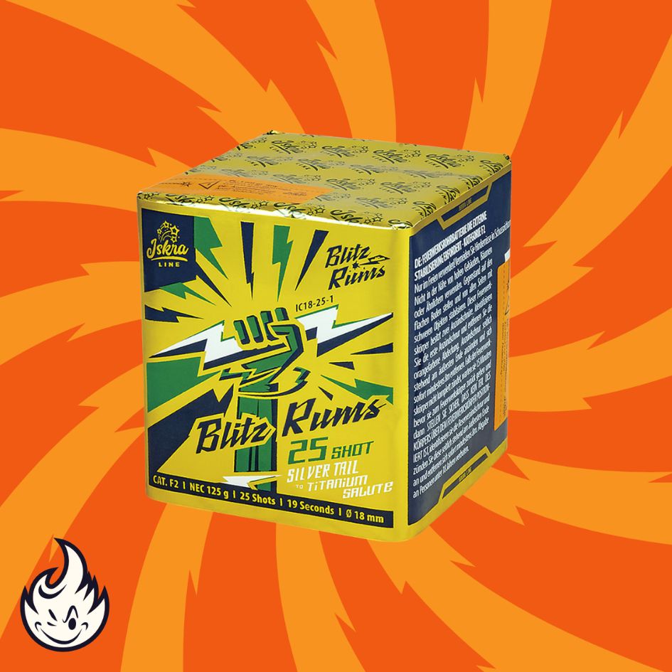 Eine grün-gelbe Iskra Blitz Rums 25 Feuerwerkskörper-Box steht vor einem orangefarbenen Hintergrund mit strahlenden Linien. Das Iskra-Produkt bietet 25 Schuss mit Silberschwanz und Titangruß für spektakuläre Lichteffekte.