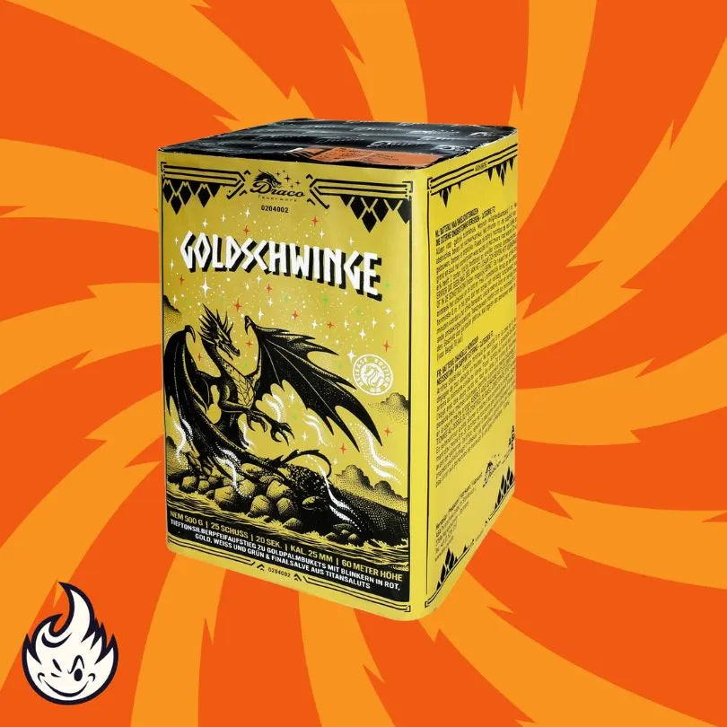 Eine gelbe Startrade-Box mit schwarzer Drachengrafik und fettem "Goldschwinge"-Text steht auf einem orangefarbenen Hintergrund mit wirbelnden gelben Mustern. Die Draco Goldschwinge Tieftonheuler Feuerwerkbatterie verfügt über ein kleines Flammen-Cartoon-Logo unten links.