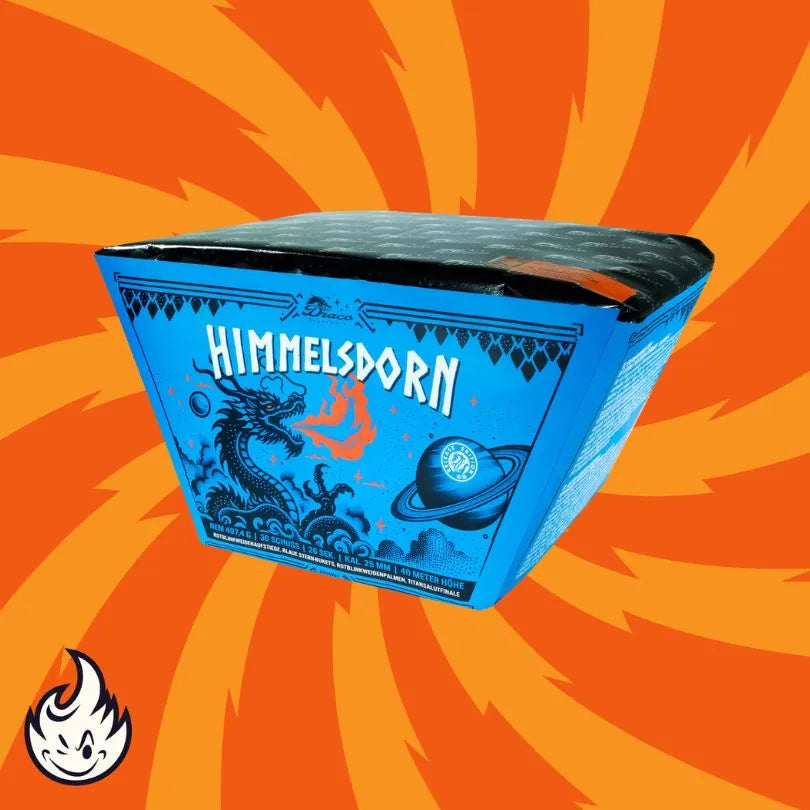 Die blaue "Draco Himmelsdorn Fan"-Feuerwerksbatterie von Startrade zeigt ein Drachen- und Flammendesign, orangefarbene Wirbel und ein kleines Flammensymbol. Diese Fächer-Feuerwerkbatterie bietet 36 Schuss in einer kühnen Z-Form.