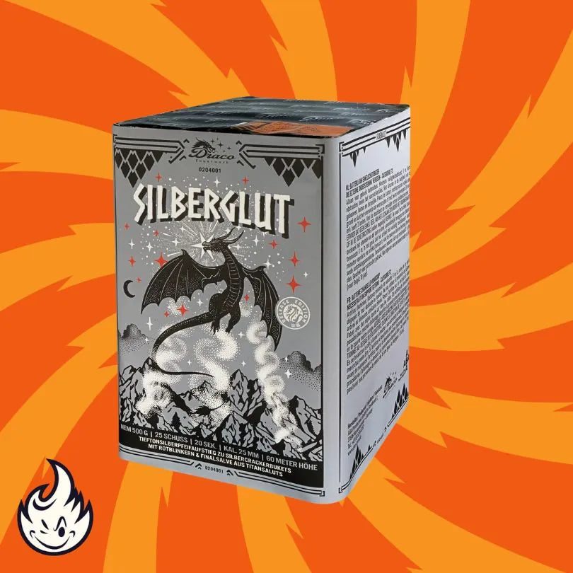 Eine Schachtel mit der Aufschrift "Draco Silberglut Tieftonheuler" von Startrade zeigt einen schwarzen Drachen, der Rauch über Berge spuckt, auf einem feurig orangefarbenen Hintergrund mit wirbelnden Mustern und dem Flammenlogo der Feuerwerkbatterie unten links.