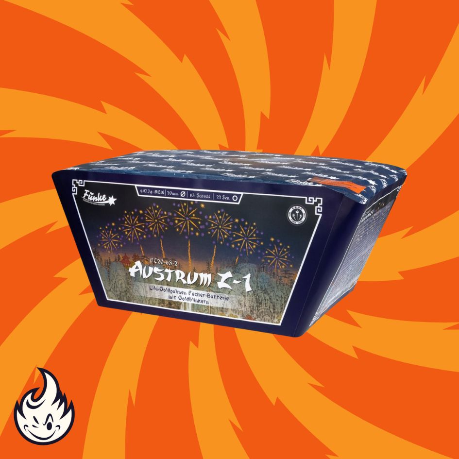 Eine rechteckige Schachtel mit der Aufschrift "Funke Austrum Z-1 Fan-Feuerwerksbatterie 63sh" von Funke mit einer Feuerwerksgrafik vor einem orange-gelben Spiralhintergrund mit einem kleinen Flammen-Cartoon-Symbol in der Ecke.