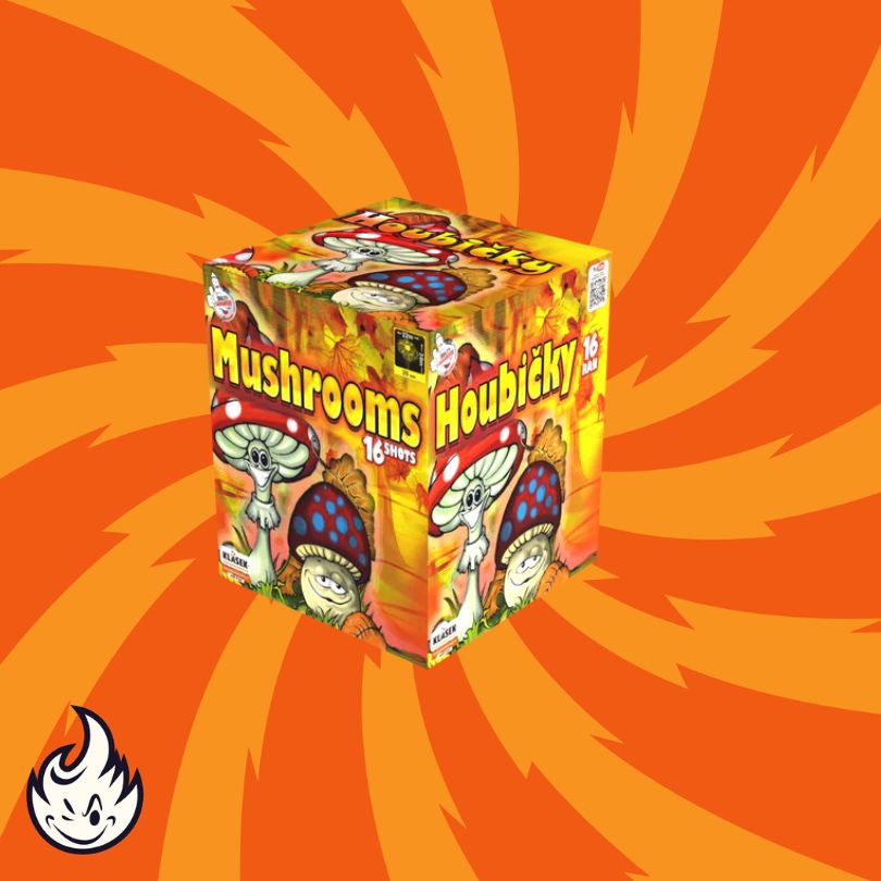Eine lebendige Schachtel mit der Aufschrift "Klasek Mushrooms - Explo Fungi" von Klasek zeigt Cartoon-Pilze, Herbstblätter und einen orangefarbenen spiralförmigen Hintergrund. Ein Flammenlogo unten links deutet auf schillernde Lichteffekte bei diesem Feuerwerksprodukt hin.