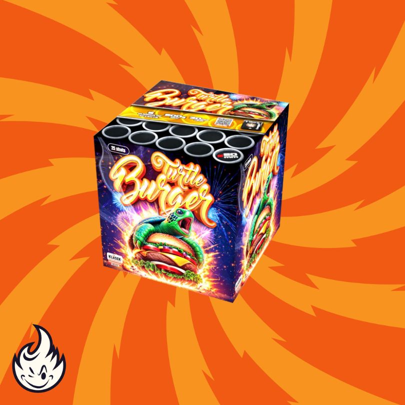 Die lebhafte Klasek Turtle Burger Feuerwerksdose zeigt eine Cartoon-Schildkröte auf einem Burger vor einem orangefarbenen Hintergrund mit gelben Wirbeln und dem Klasek Logo in der Ecke.