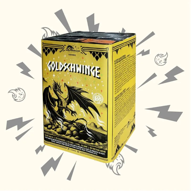 Eine gelb-schwarze Box mit der Aufschrift "Draco Goldschwinge Tieftonheuler" von Startrade zeigt einen Drachen, Blitze, Flammen und goldene Akzente. Diese Feuerwerkbatterie mit Fantasiemotiv liefert beeindruckende Effekte für jede Feier.