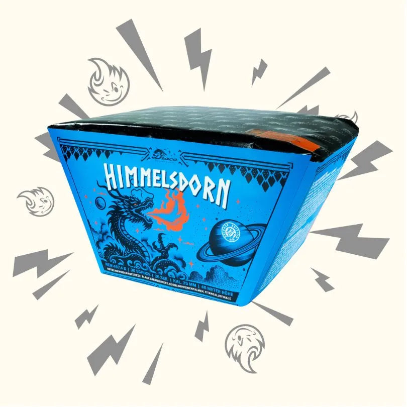 Eine blaue, dreieckige "Draco Himmelsdorn Fan"-Box von Startrade zeigt Drachengrafiken und Flammen, enthält 36 Schüsse in einer Z-Form und ist mit Blitzen und Cartoon-Feuerballgesichtern auf hellem Hintergrund verziert.