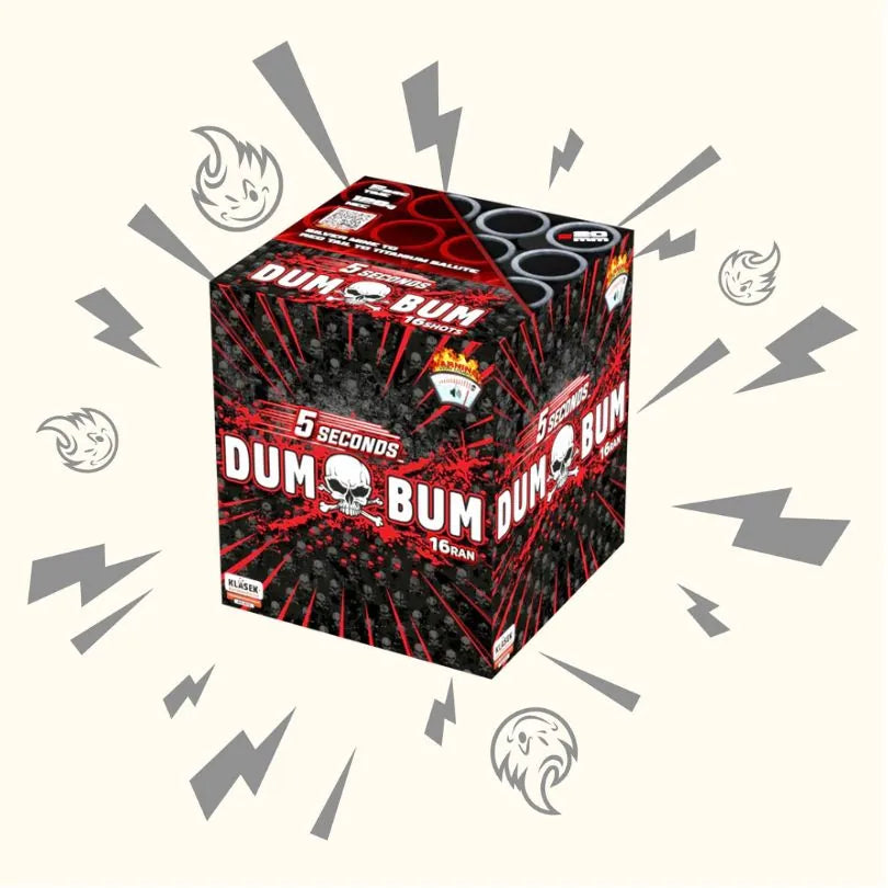 Eine Schachtel Dumbum 16/20mm 5sec Klasek Feuerwerk von Dumbum zeigt ein rot-schwarzes Design mit Totenkopf-Grafiken, Cartoon-Explosionen, Blitzen und dem Text "5 Sekunden Salut DUMBUM 16/20".