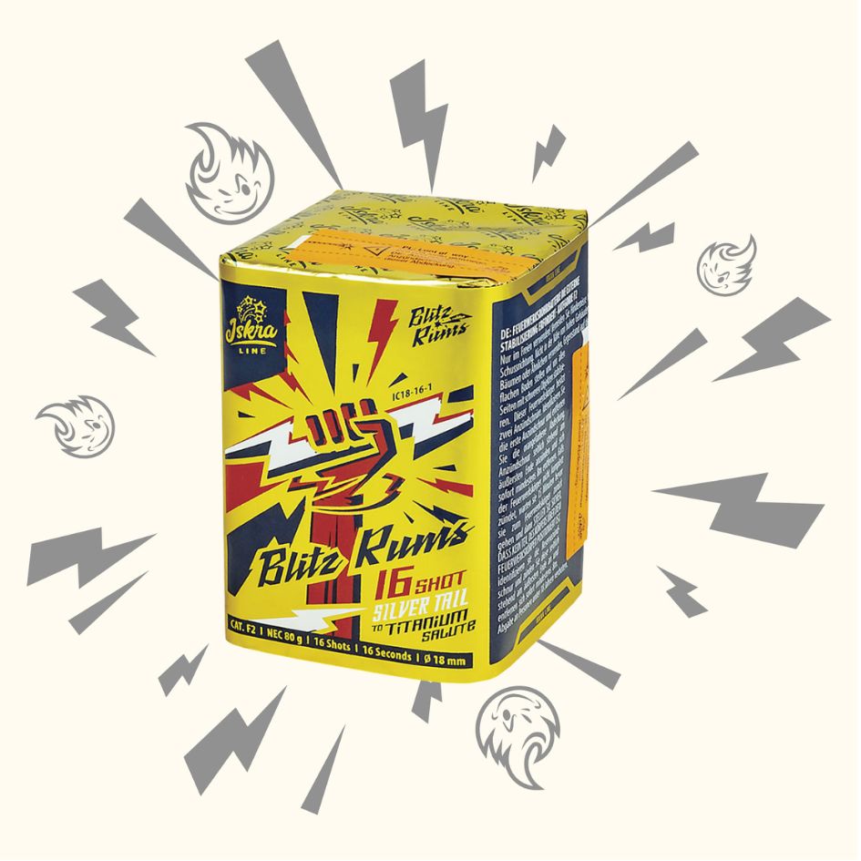 Eine farbenfrohe Feuerwerksdose mit der Aufschrift "Iskra Blitz Rums 16" von Iskra zeigt eine auffällige Grafik in Gelb, Rot und Weiß mit Blitzen und Comic-Akzenten - ein echtes Feuerwerkserlebnis für jede Feier inmitten von illustrierten Flammen und Blitzen.
