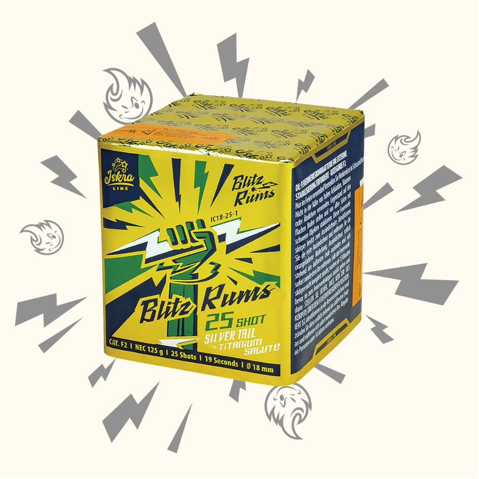 Eine leuchtende Schachtel mit der Aufschrift "Iskra Blitz Rums 25sh" von Iskra trägt eine auffällige gelbe, grüne und blaue Grafik mit Blitzen und Cartoon-Geistersymbolen. Sie wirbt für "25 Schuss" Silberschwanz + Titanium Salute Feuerwerk.