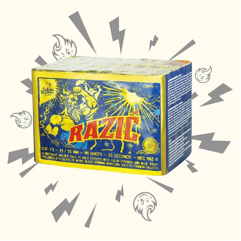 Die rechteckige Iskra "Iskra Razić" Feuerwerksbatterie zeigt einen blau-gelben Kasten mit Zeus, der einen Blitz hält, Cartoon-Bolzen, Flammen und einen hellbraunen Hintergrund. 44 Schuss.
