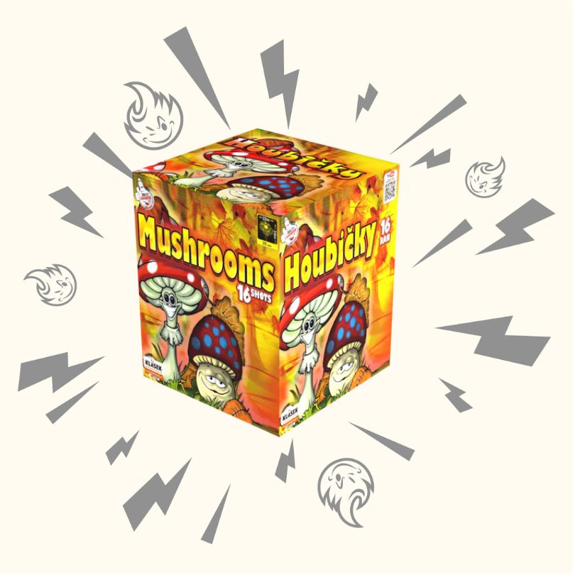 Eine farbenfrohe Schachtel mit Klasek Mushrooms Feuerwerkskörpern von Klasek, mit Cartoon-Pilzen auf der Verpackung, umgeben von grauen Blitzen und lächelnden Gesichtern auf einem hellen Hintergrund.