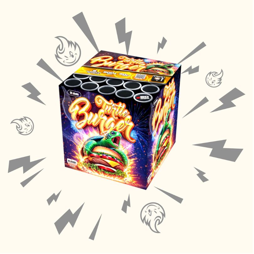 Eine lebendige Klasek Turtle Burger Feuerwerksdose von Klasek zeigt eine Schildkröte mit einem Burger-Panzer, umgeben von Cartoon-Gesichtern, Blitzen und Funken auf einem hellen Hintergrund.