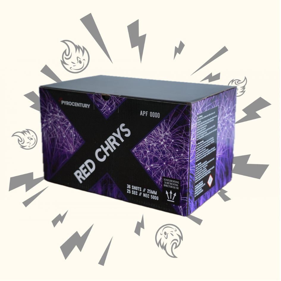 Eine rechteckige Pyrocentury Red Chrys Fan Box mit lila Grafiken und dem Pyrocentury-Logo steht auf einem hellen Hintergrund, umgeben von illustrierten Funken und verspielten Feuerwerkssymbolen, die auf Chrysanthenumsalven-Effekte hinweisen.