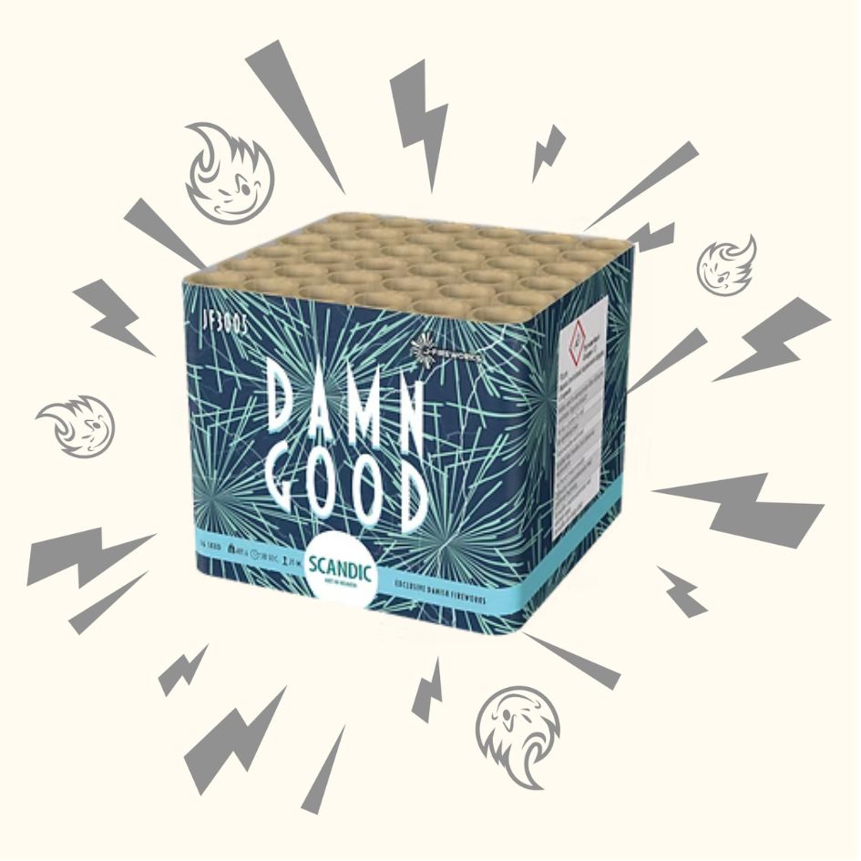 Eine blau-grüne Scandic Damn Good Feuerwerksbatterie-Box mit Blattmustern, illustrierten Blitzen und lächelnden Feuerwerksgesichtern leuchtet vor einem hellen Hintergrund - ideal für Feiern mit 36 Schuss Spannung.