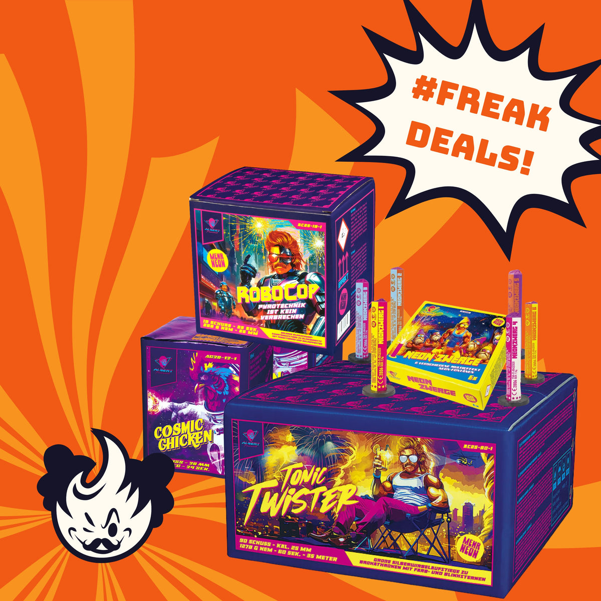 Drei neonfarbene Boxen aus Alberts Neue mehr Neon Freak Set von FREAKDEALS 💕 sind auf einem kräftigen orangefarbenen Hintergrund gestapelt und verbreiten spielerische Energie. Eine Sprechblase verkündet "#FREAK DEALS!", während ein lustiges Cartoon-Maskottchen aus der Ecke lugt.