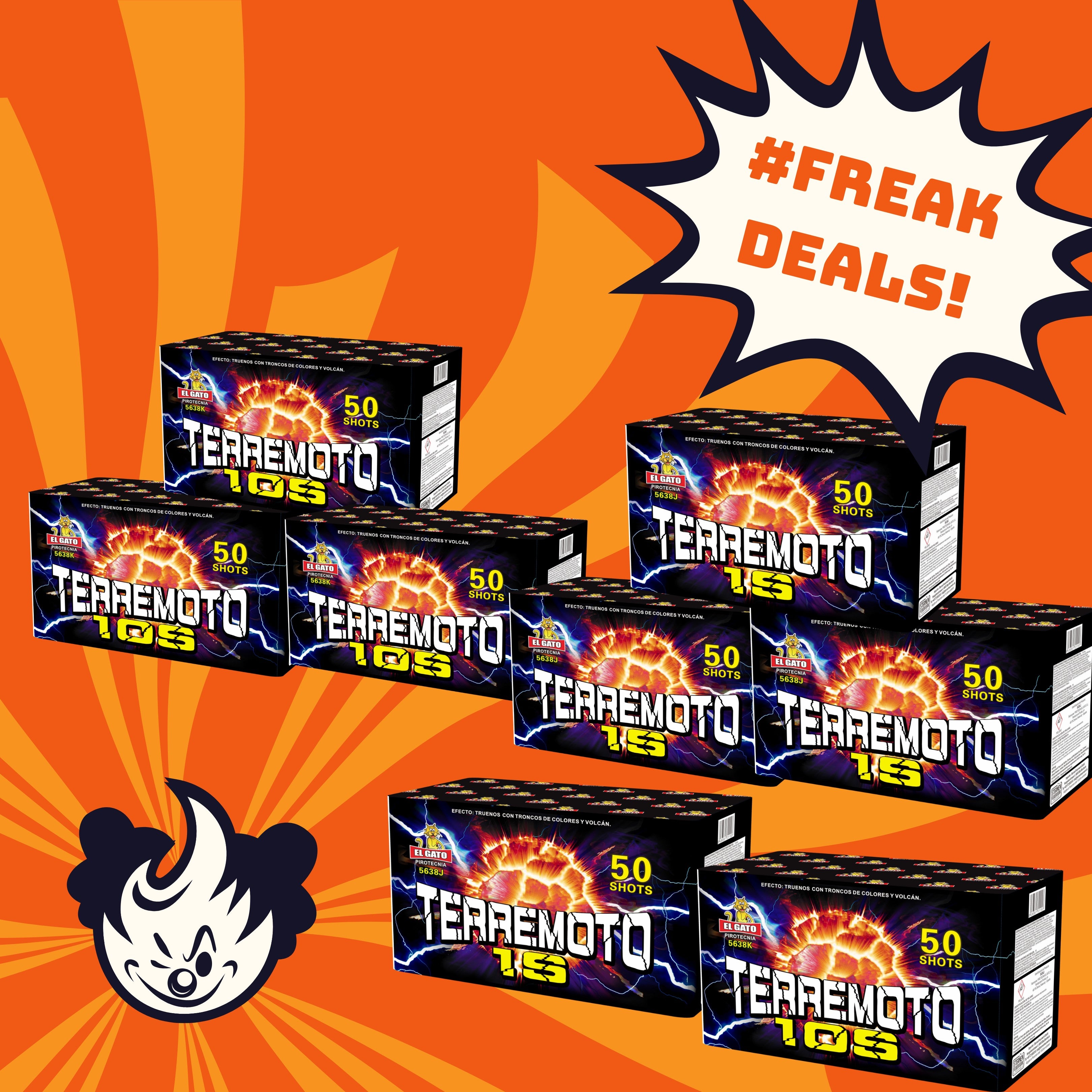 Lebendiges Bild mit acht Schachteln „El Gato Terremoto Freak“-Feuerwerk, einer Clownsgesichtsillustration und einer „#FREAK DEALS!“-Grafik, die den Outletpreis Budget Freak-Deal von El Gato auf einem orangefarbenen Sternenhintergrund hervorhebt.