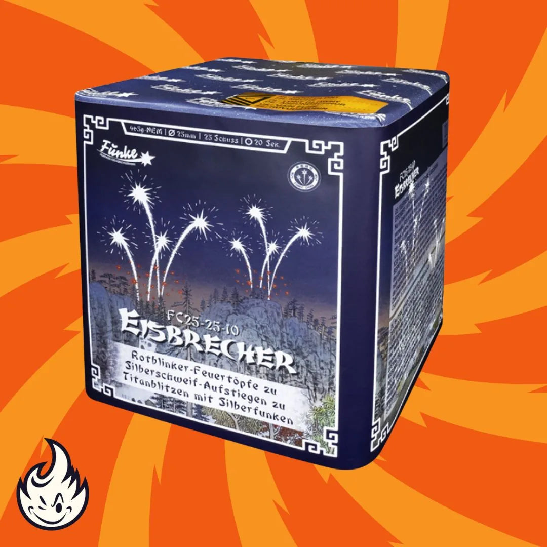 Die Funke Eisbrecher ist eine würfelförmige Feuerwerksbatterie von Funke mit weißer Feuerwerksgrafik auf dunklem Hintergrund mit roten und orangefarbenen Ausbrüchen. Ein kleines Flammenlogo in der Ecke deutet Silberschweif-Effekte an.