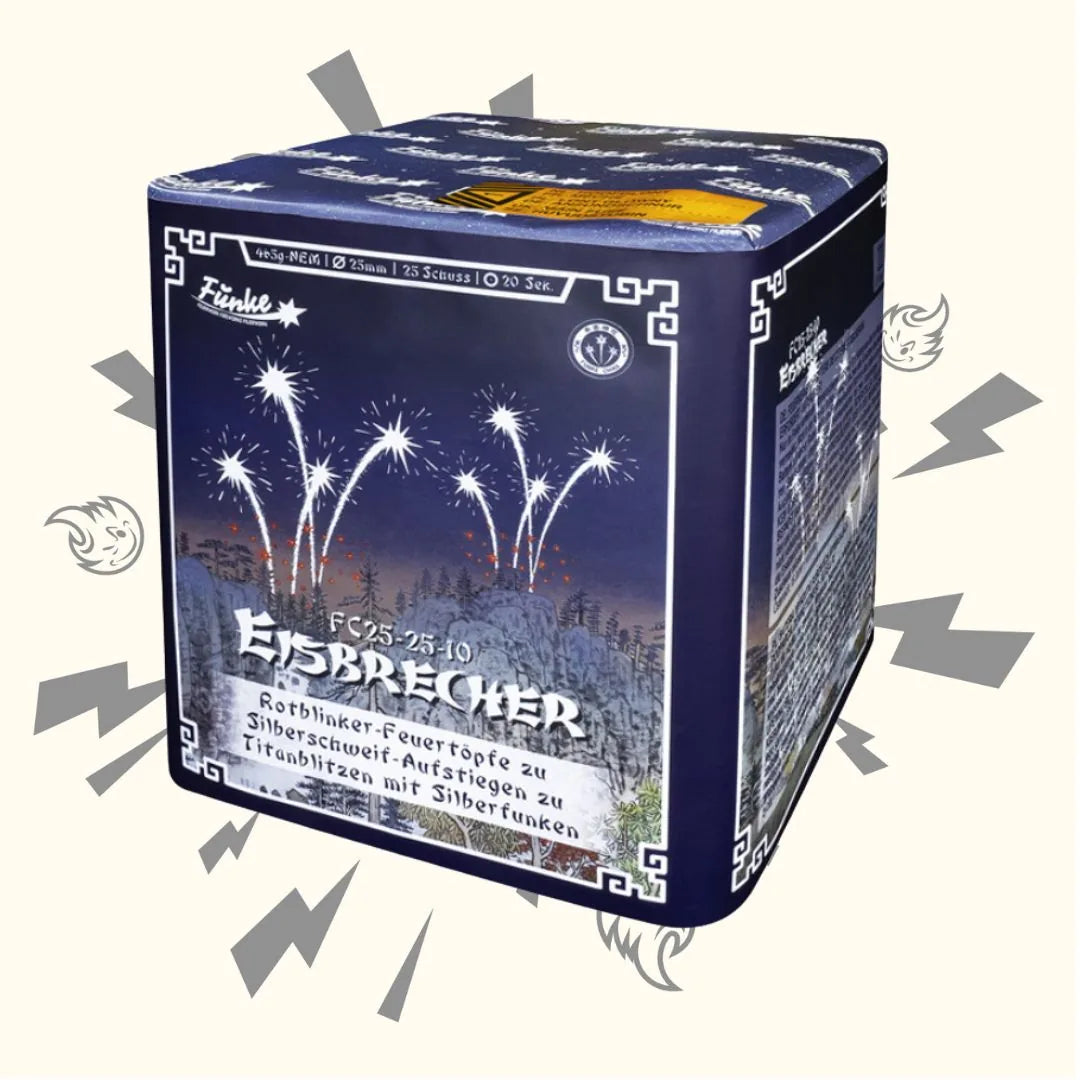 Die würfelförmige Funke Eisbrecher Feuerwerksbatterie von Funke zeigt weiße Titanblitzeffekte über einer Schneelandschaft, mit deutschem Text, Anleitung und Blitzgrafik im Hintergrund.