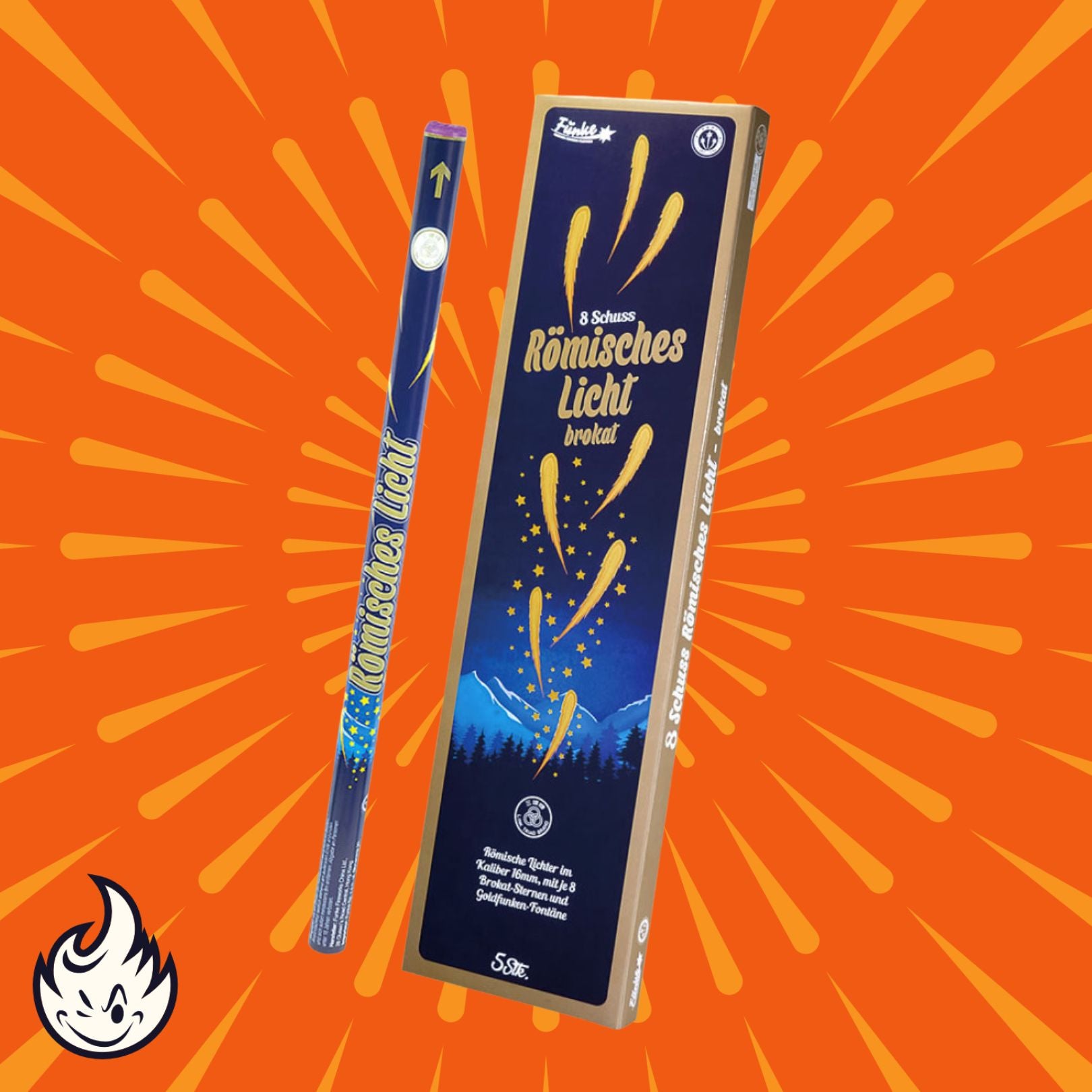 Eine römische Kerze Funke Römisches Licht Kal.C Brokat 8 Schuss 5er Pack und die dazugehörige Schachtel mit gelben Kometeneffekten sind auf einem orangefarbenen Hintergrund mit strahlenden Linien abgebildet. Ein weißes Funke-Flammenlogo erscheint in der unteren linken Ecke.