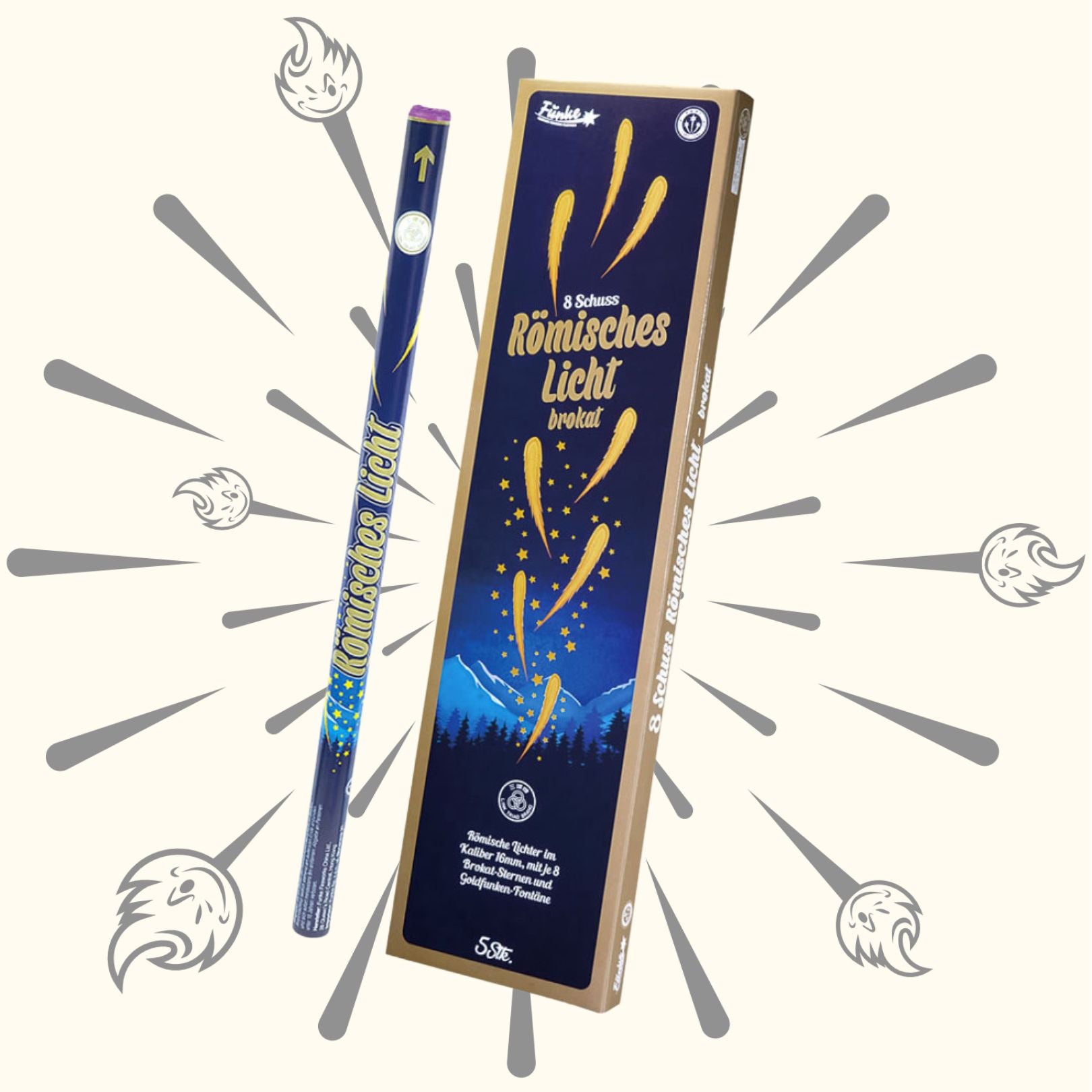 Ein blaues Funke-Feuerwerk, "Römisches Licht Kal.C Brokat 8 Schuss 5er Pack", wird auf einem hellen Hintergrund mit illustrierten Knallmustern, Sternschnuppen und lebendigen Lichteffekten gezeigt.
