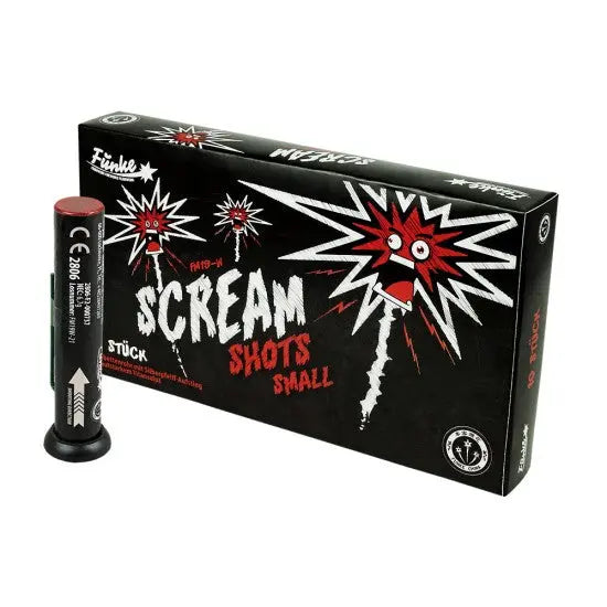 Eine schwarze Schachtel mit der Aufschrift "Funke Scream Shots" der Marke Funke zeigt rote und weiße Cartoon-Explosionen und ein überraschtes Gesicht. Daneben steht eine einzelne 19-mm-Bombenrohre mit Warnaufklebern.