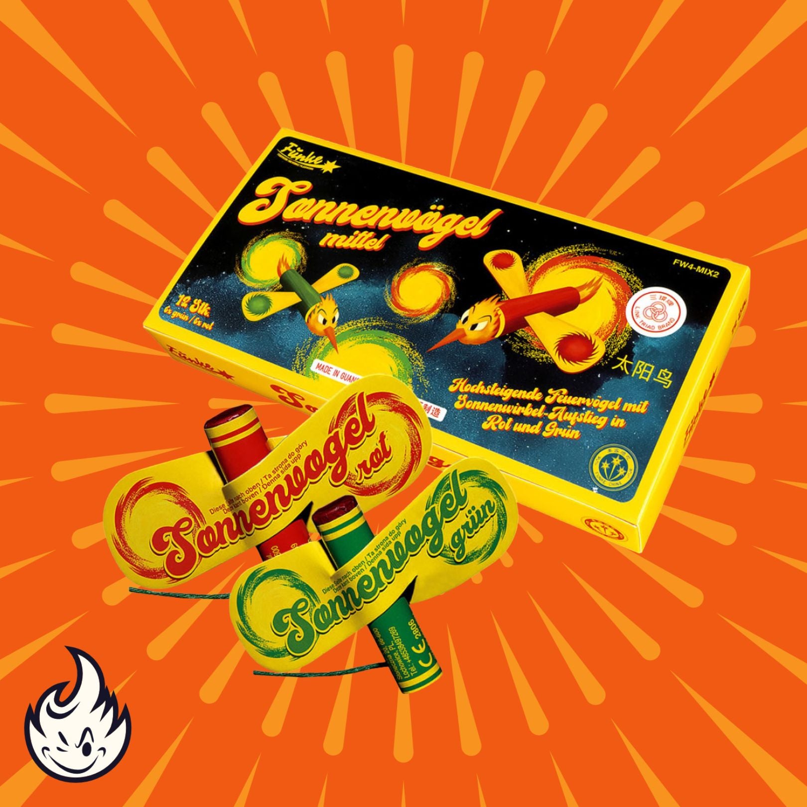 Ein leuchtendes Bild zeigt eine Schachtel und zwei Packungen Funke Sonnenvögel Mittel Feuerwerk von Funke, mit gelber und grüner Verpackung auf orangefarbenem Hintergrund mit strahlenden Linien - ein fettes Markenzeichen, das schillernde Leuchtkraft verspricht.