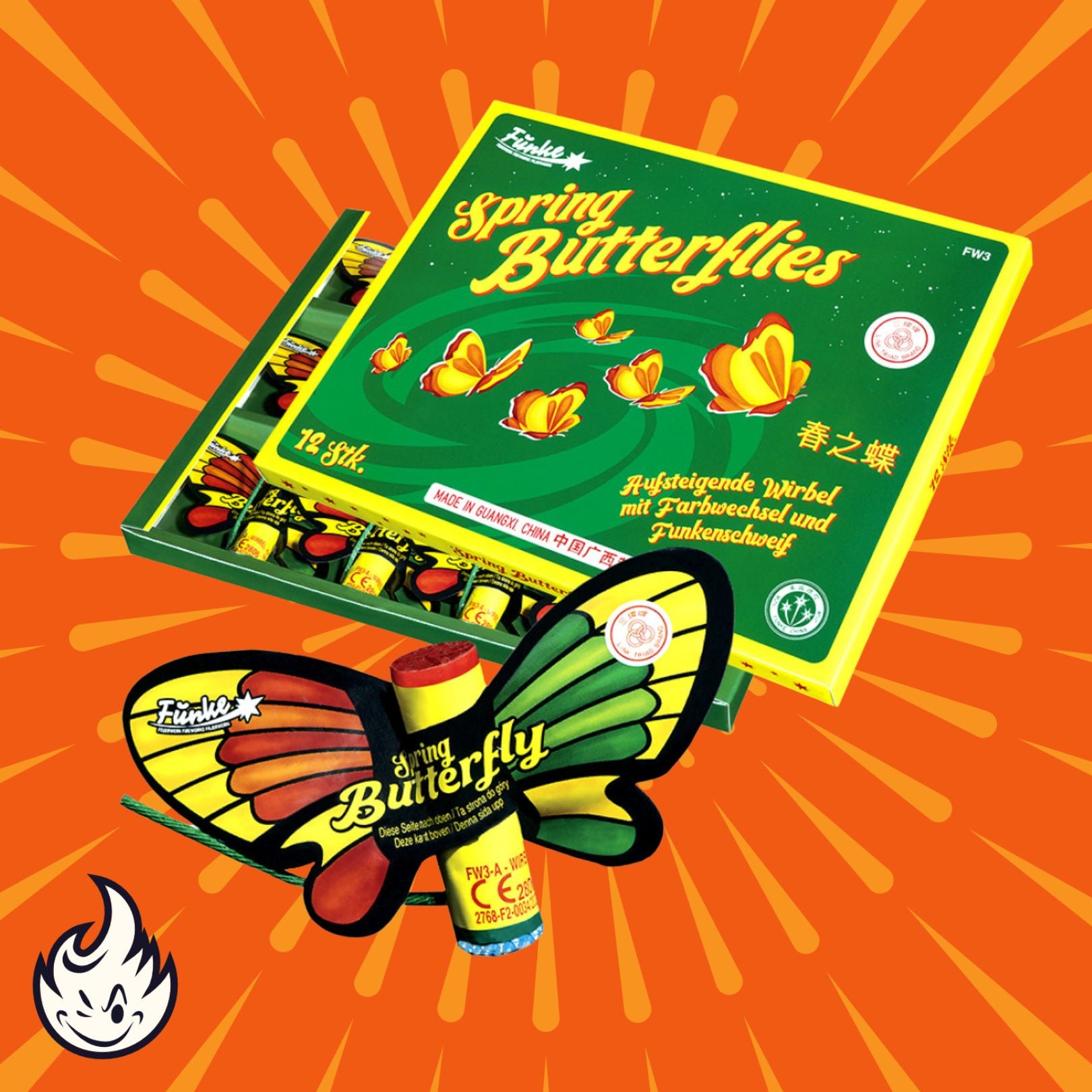 Ein lebendiger Feuerwirbel in Form eines Schmetterlings von Funke Spring Butterflies ruht außerhalb seiner farbenfrohen Funke-Box auf einem orangefarbenen Hintergrund und ist bereit, jede Feier zu bereichern.