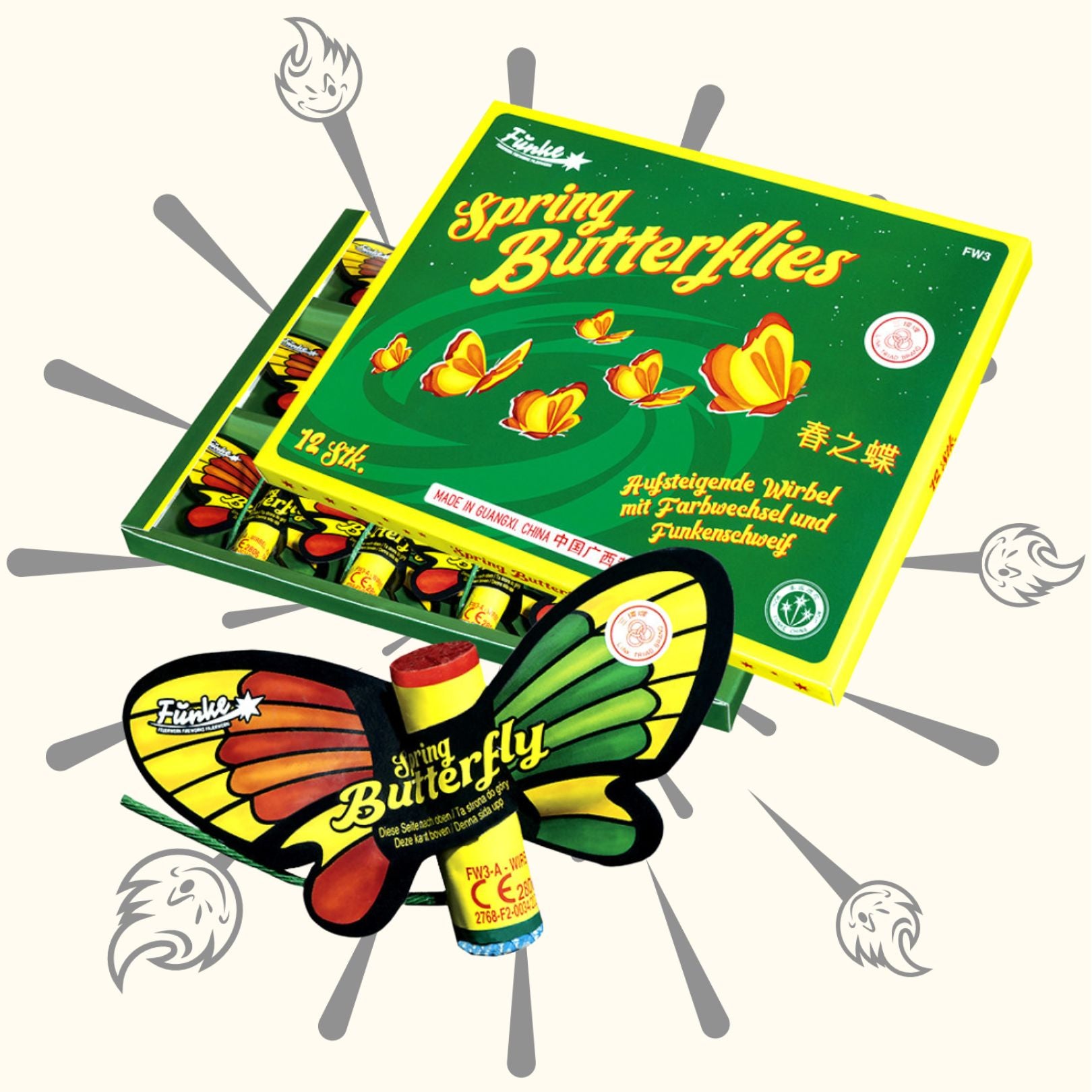 Funke Frühlingsschmetterlinge von Funke: Schachtel und Einzelteile haben eine leuchtend gelb-grüne Verpackung mit farbenfrohen Schmetterlingsmotiven, deutschem und chinesischem Text und illustrierten Schmetterlingen mit Feuerwirbel"-Effekt.