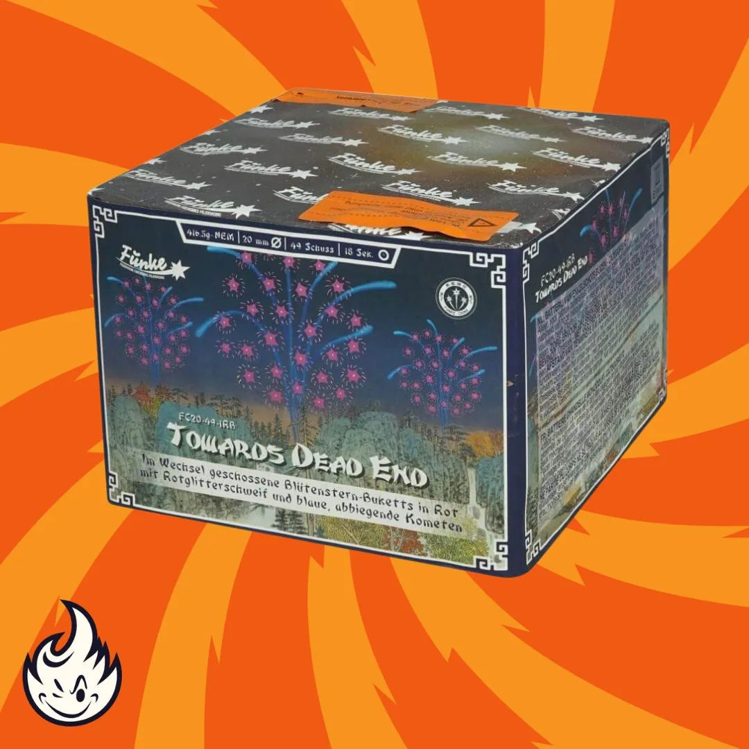 Eine Schachtel mit Funke Towards Dead End Feuerwerkskörpern von Funke, mit einem Nachthimmel und rosa Feuerwerkskörpern auf der Verpackung, mit einem orangefarbenen Hintergrund, der von gelben Streifen und einem kleinen Flammenlogo in der Ecke akzentuiert wird.