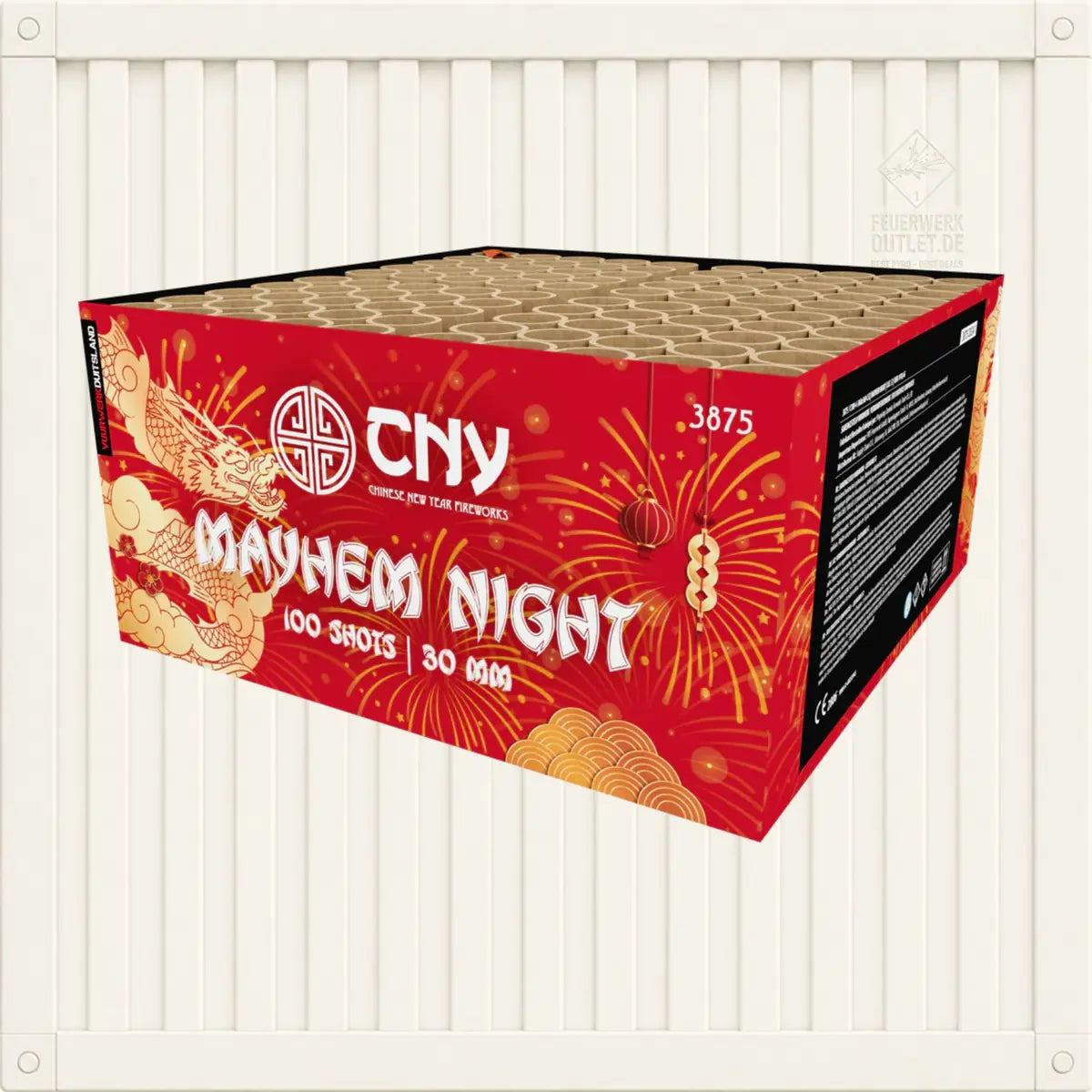 Eine rote Feuerwerksbox mit der Aufschrift „FWS Mayhem Night“ von FWS Feuerwerk mit 100 Schüssen (30 mm). Die Box ist mit goldenen Drachen- und Feuerwerksmotiven verziert; an der Seite sind Produktdetails und eine Gebrauchsanweisung zu sehen.