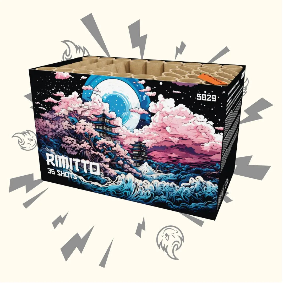 Die FWS Rimitto von FWS - Strike ist eine Feuerwerksdose mit lebhaften Motiven von Wellen, rosa Wolken, Pagoden und einem großen Mond, mit grauen Blitzen und geisterhaften Formen im Hintergrund.