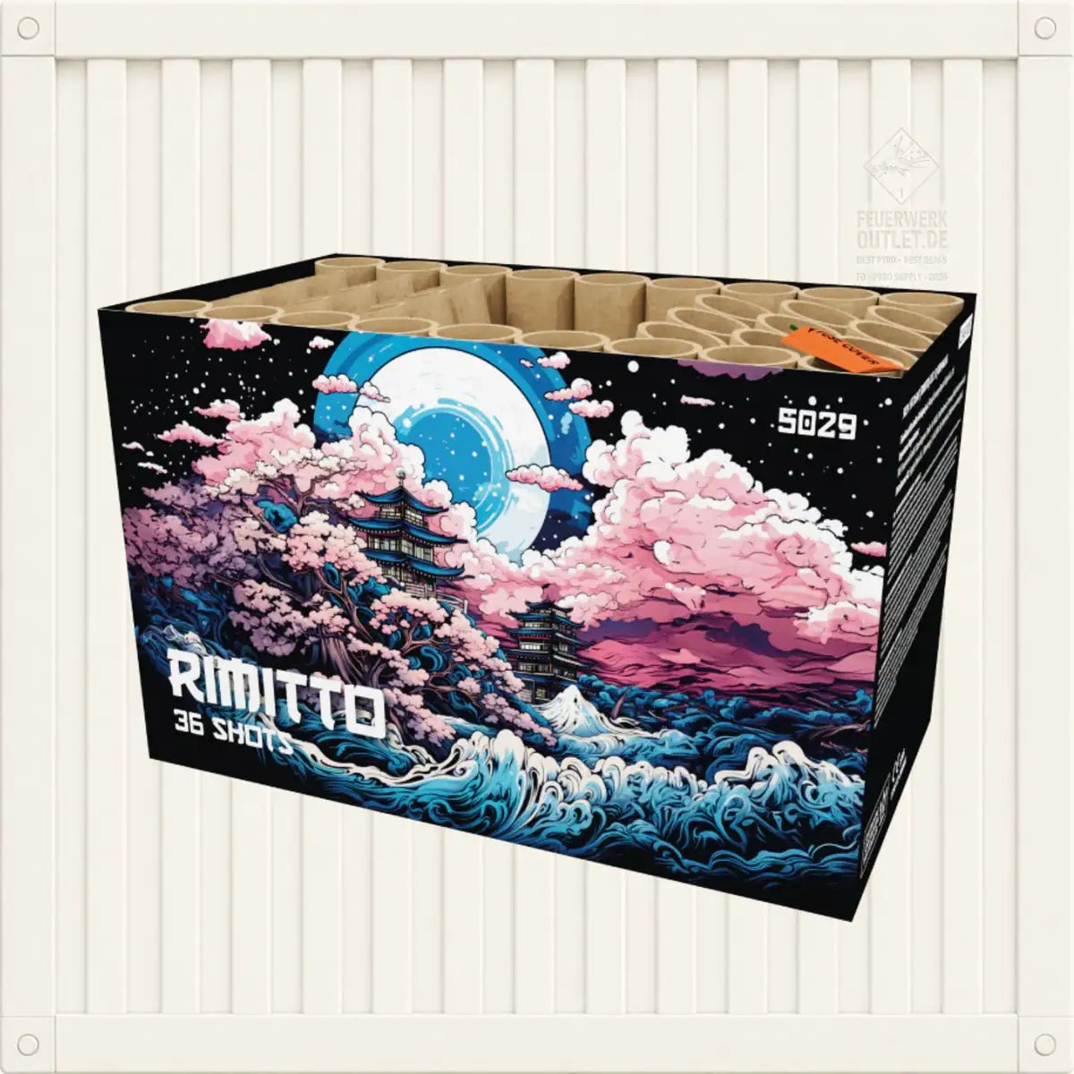 Eine Schachtel mit „FWS Rimitto“-Feuerwerkskörpern von FWS Feuerwerk, verziert mit farbenfrohen Motiven aus rosa Wolken, blauen Wellen, japanischen Pagoden und einem großen Mond. Auf der Schachtel steht „Rimitto 36 Shots“.